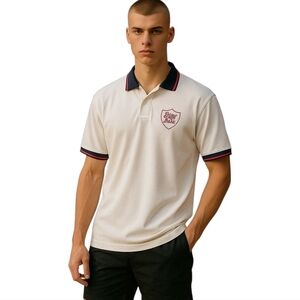 New England White Polo Shirt with Navy & Pink Accents Embroidered Logo Cotton
